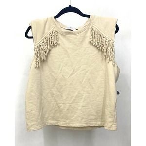 Boutique Tank with Fringe and Shoulder Pads Tan